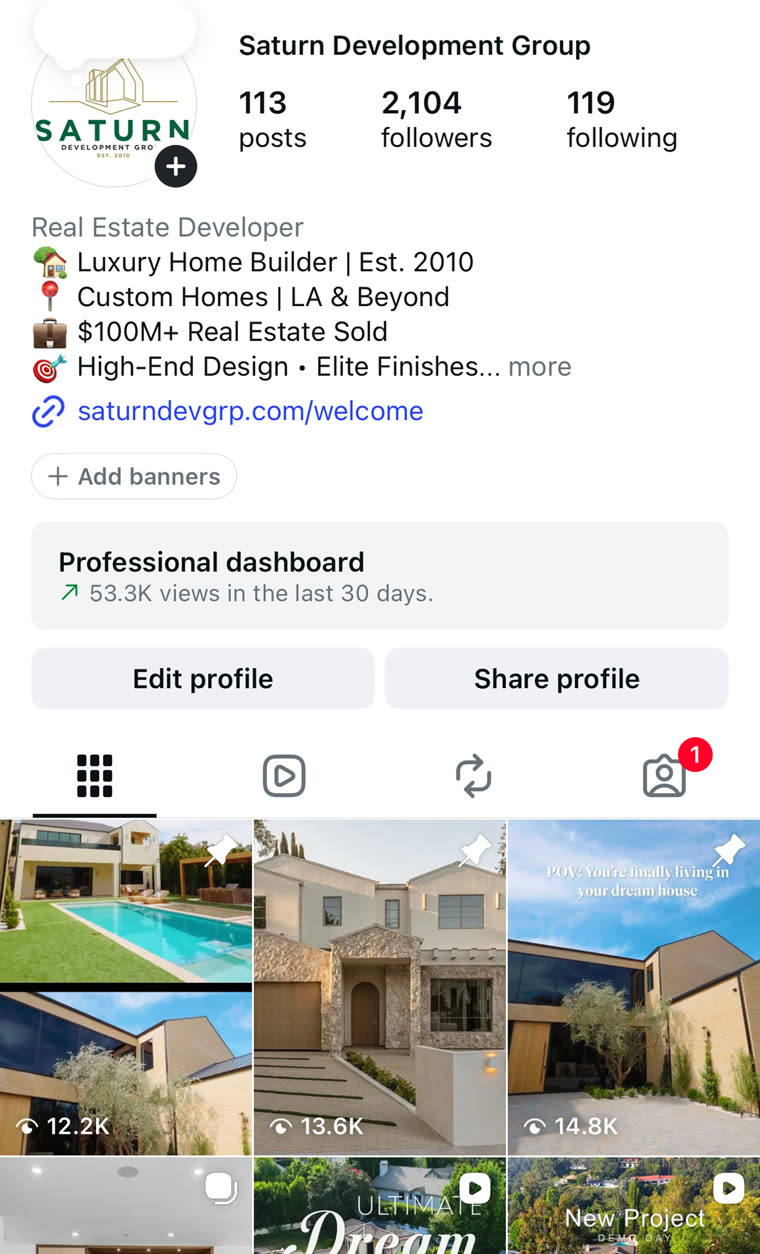 Saturn Development Group Instagram after working with 310 Social — 113 posts, 2,104 followers